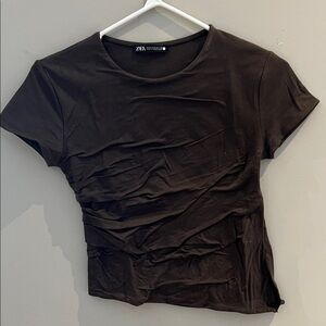 Zara Brown Ruched Short Sleeve Tee